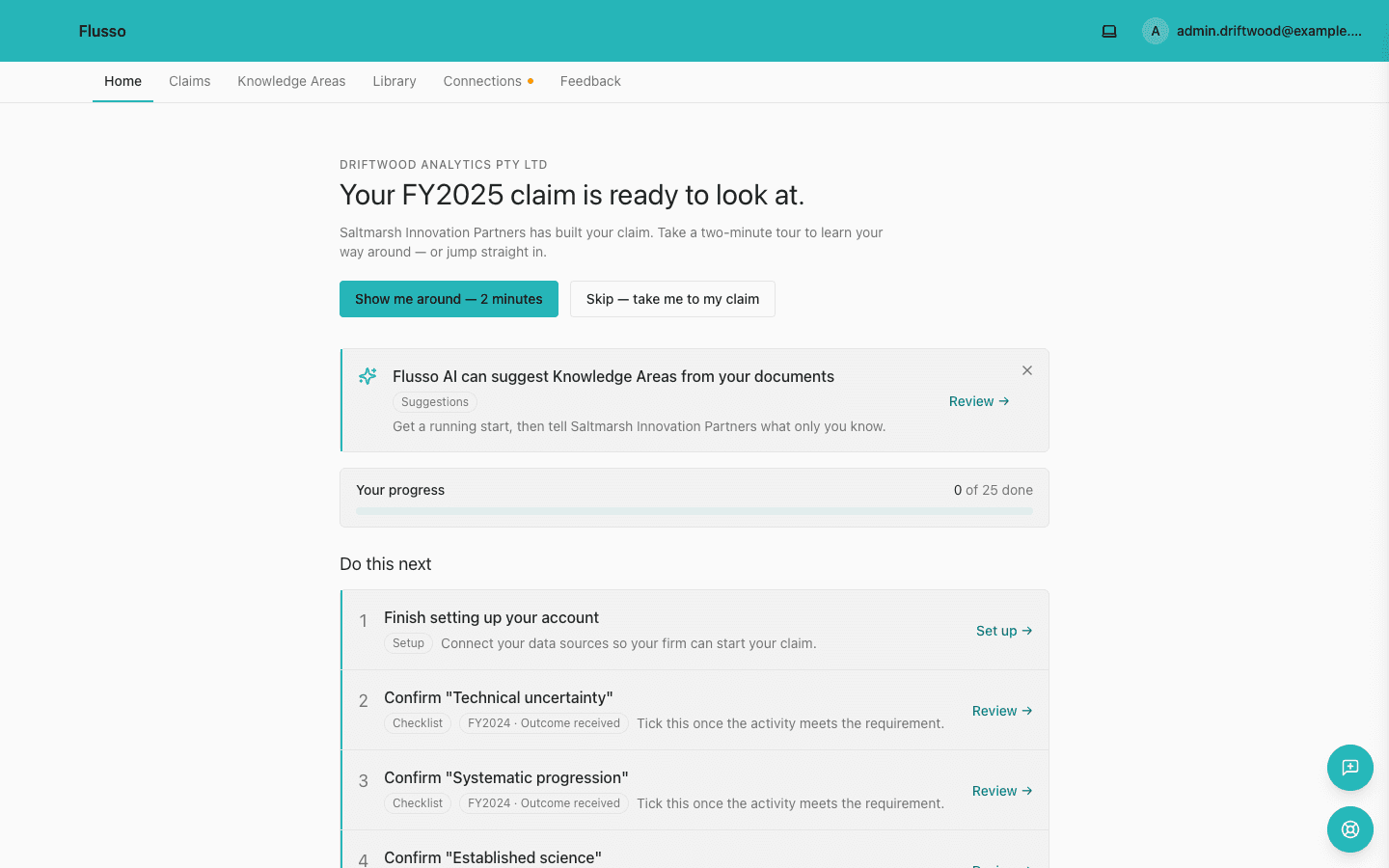 Branded client portal home showing a claimant's FY2025 claim with AI-suggested Knowledge Areas, a do-this-next checklist and a 25-step progress meter